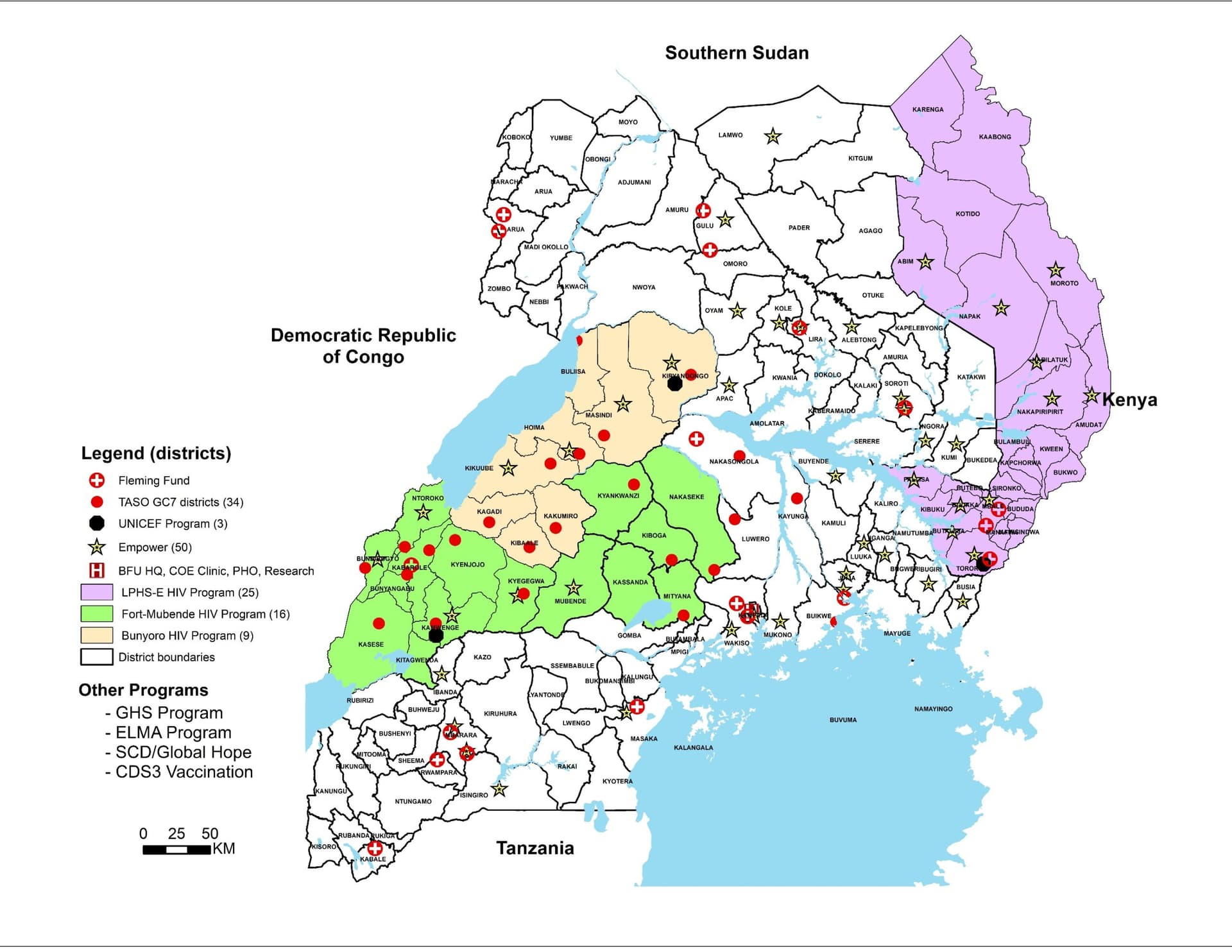 Map of Baylor Foundation Uganda's district coverage across Uganda